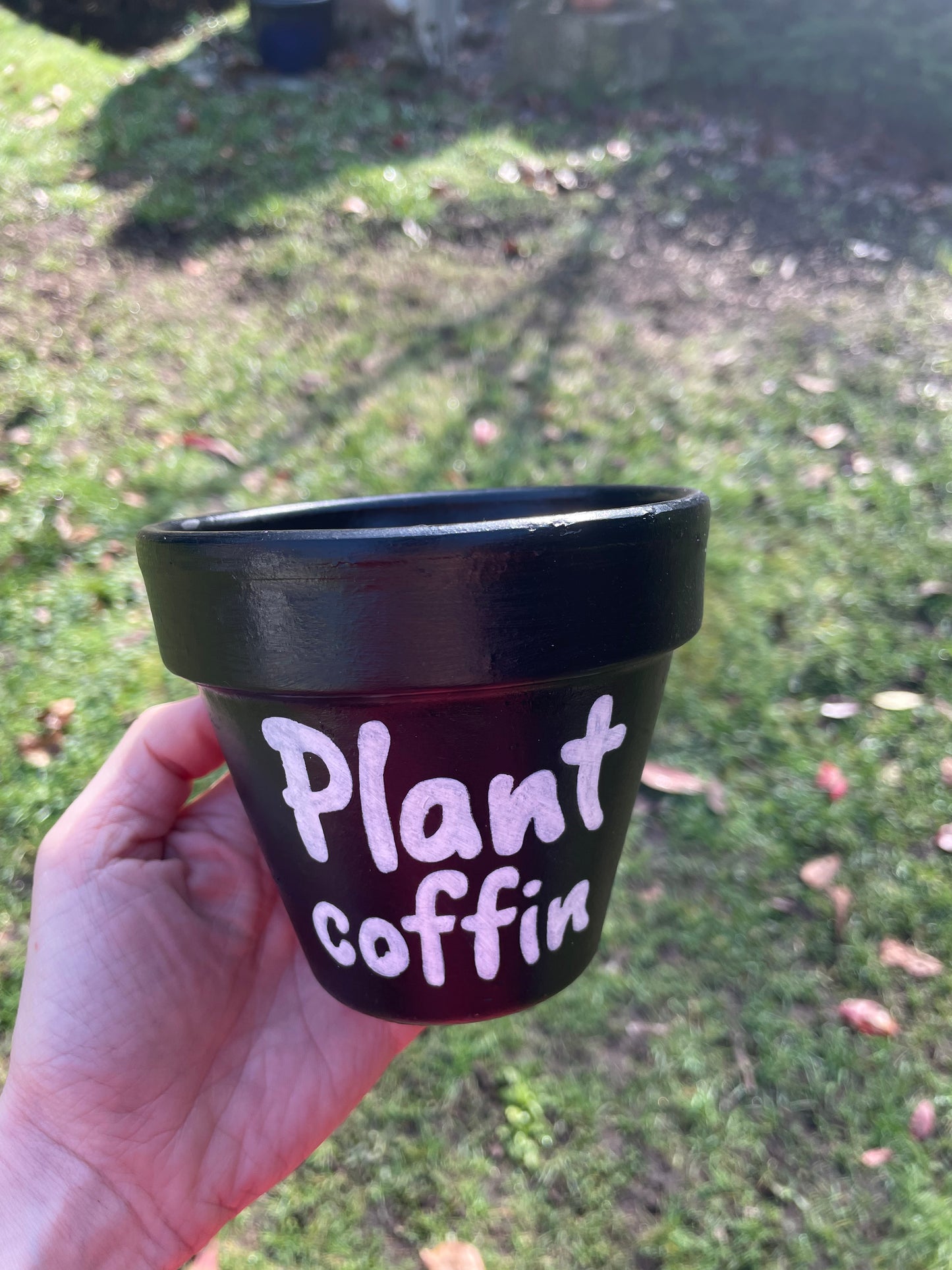 Plant coffin: terracotta pot custom painted