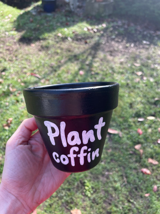 Plant coffin: terracotta pot custom painted