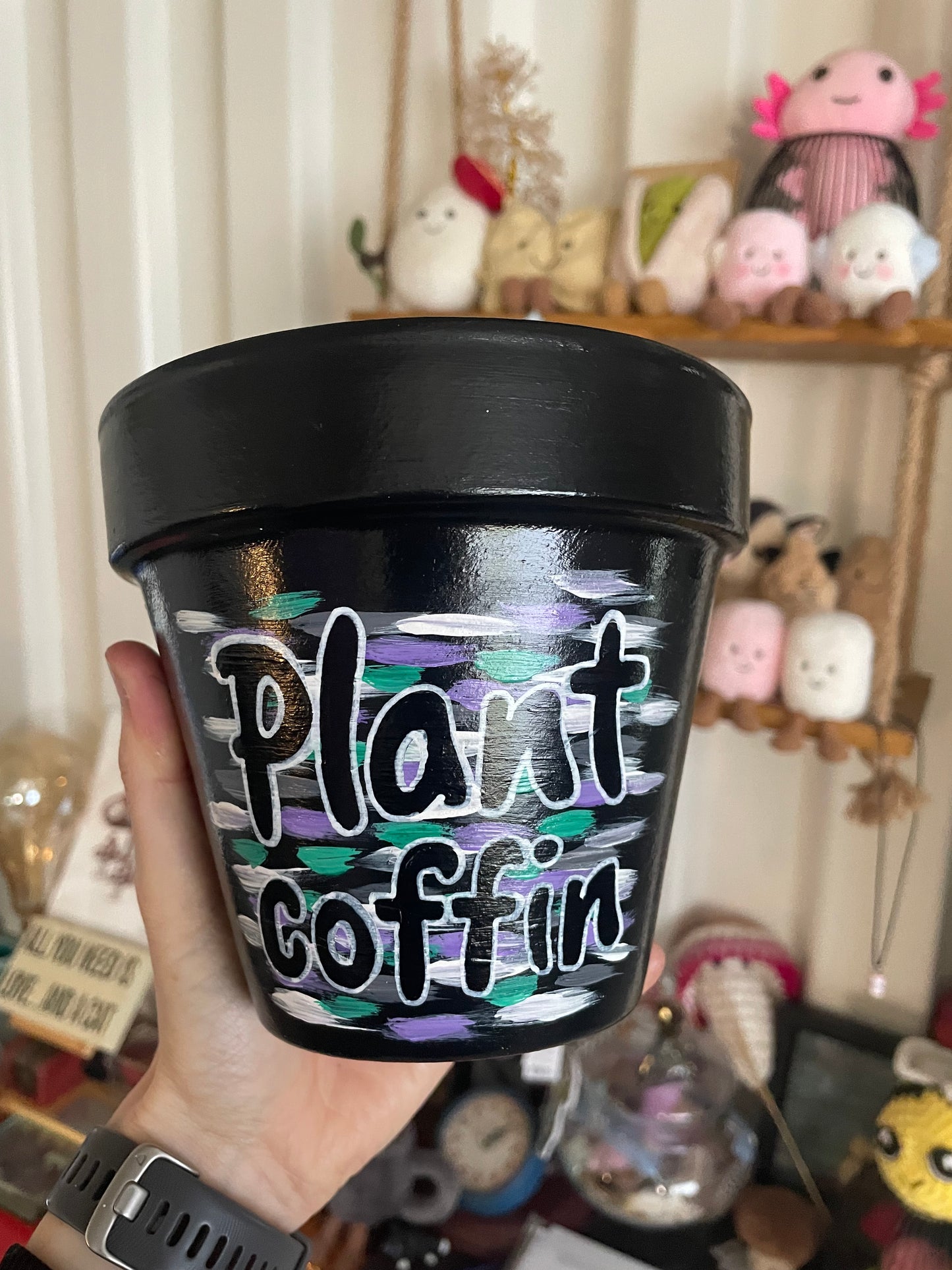 Plant coffin: terracotta pot custom painted