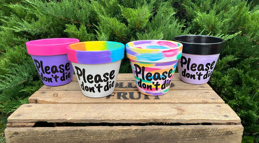 PLEASE DON'T DIE: terracotta pot custom painted