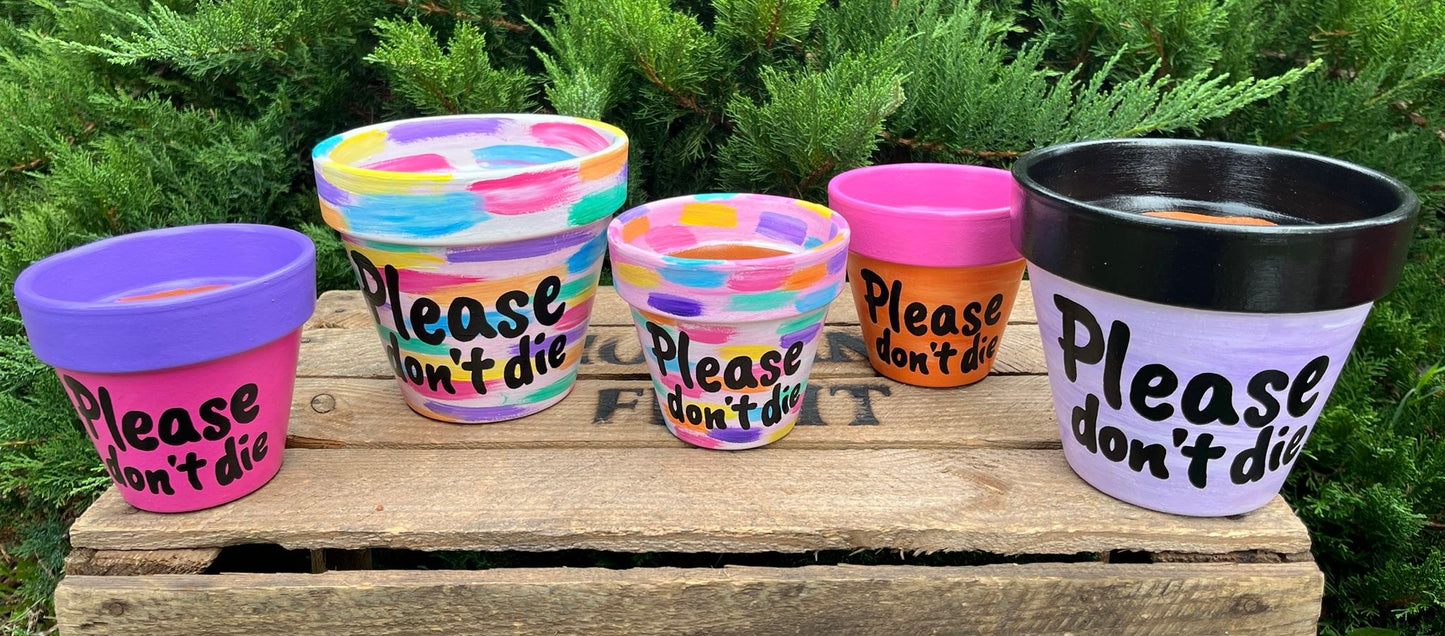 PLEASE DON'T DIE: terracotta pot custom painted