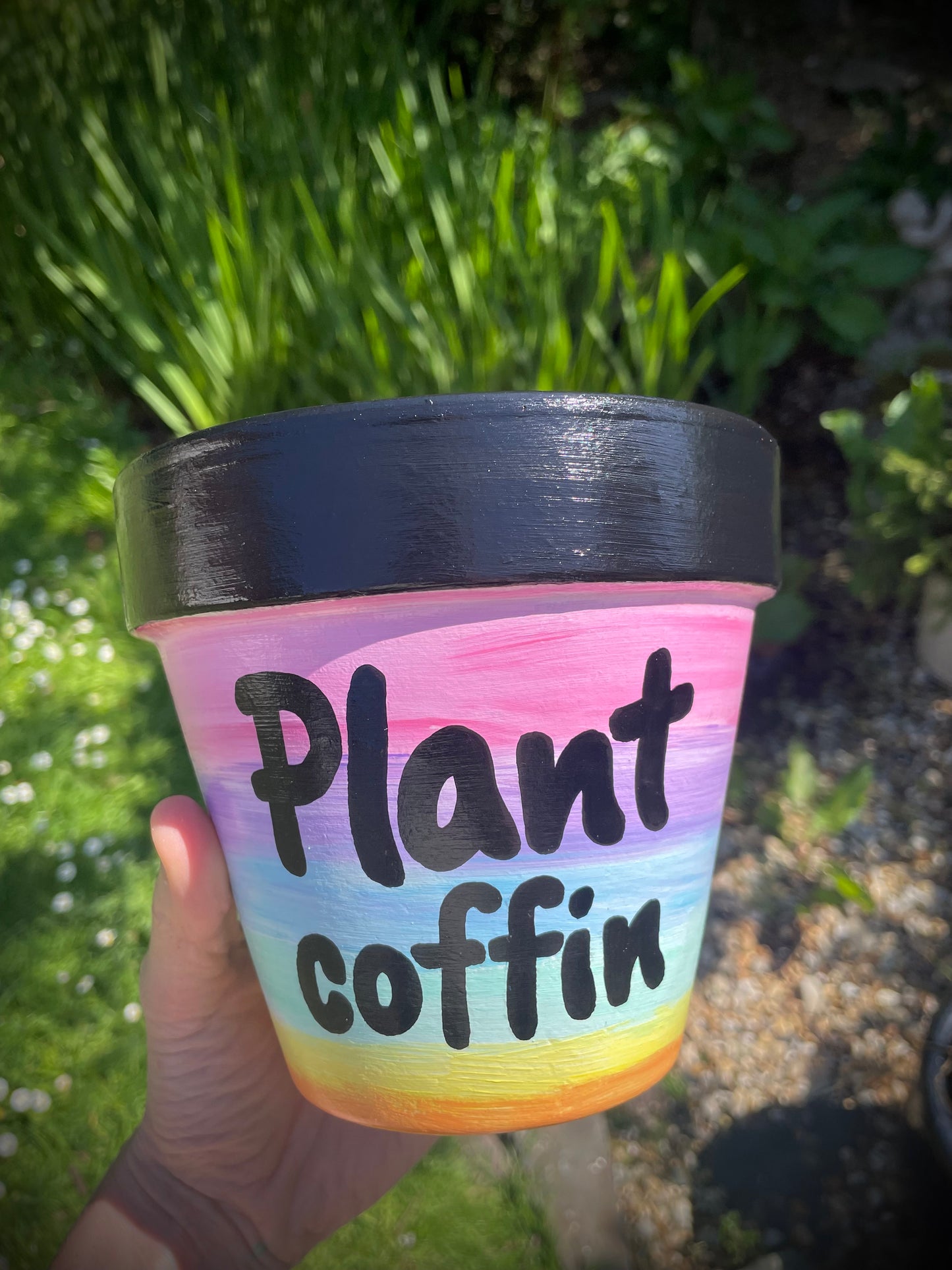 Plant coffin: terracotta pot custom painted