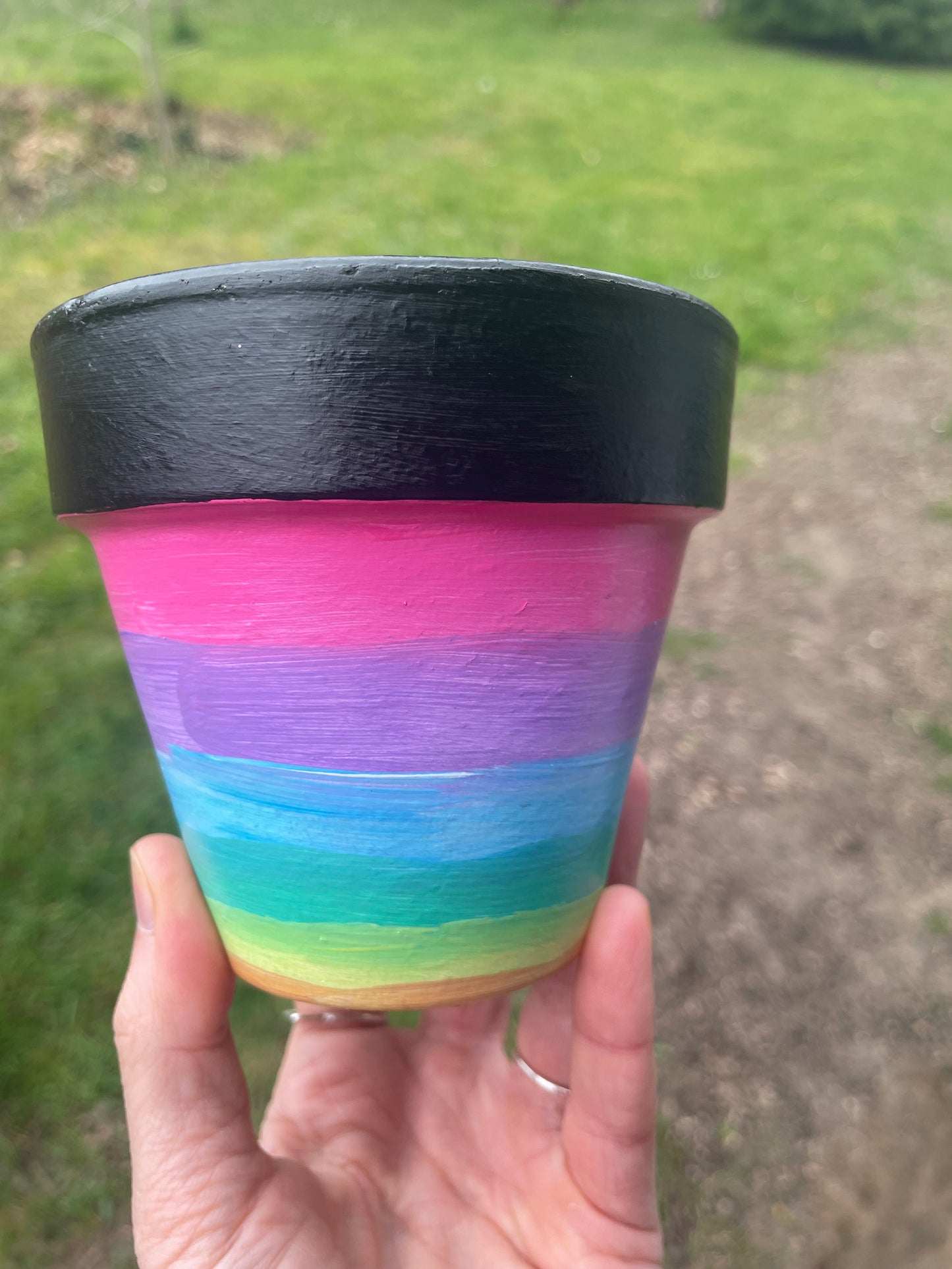 Rainbow and black (no words) terracotta pot