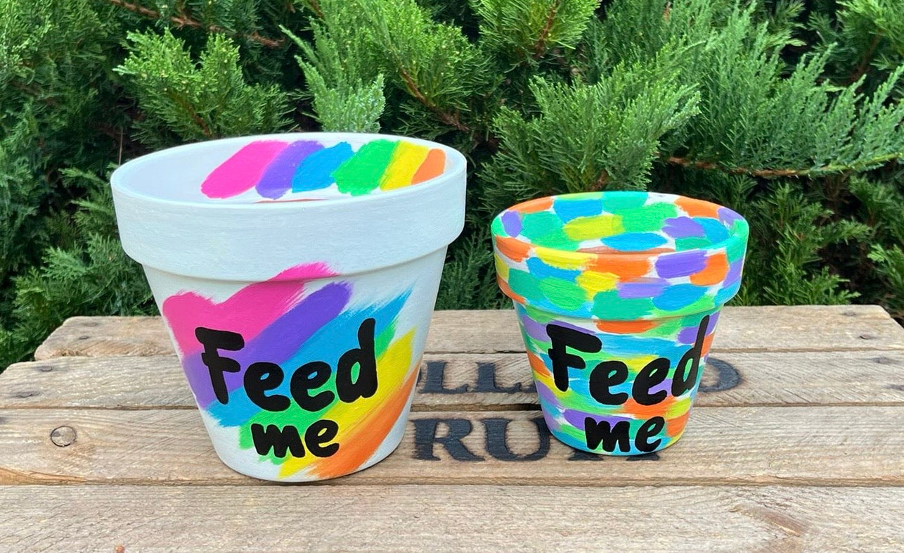 FEED ME: terracotta pot custom painted