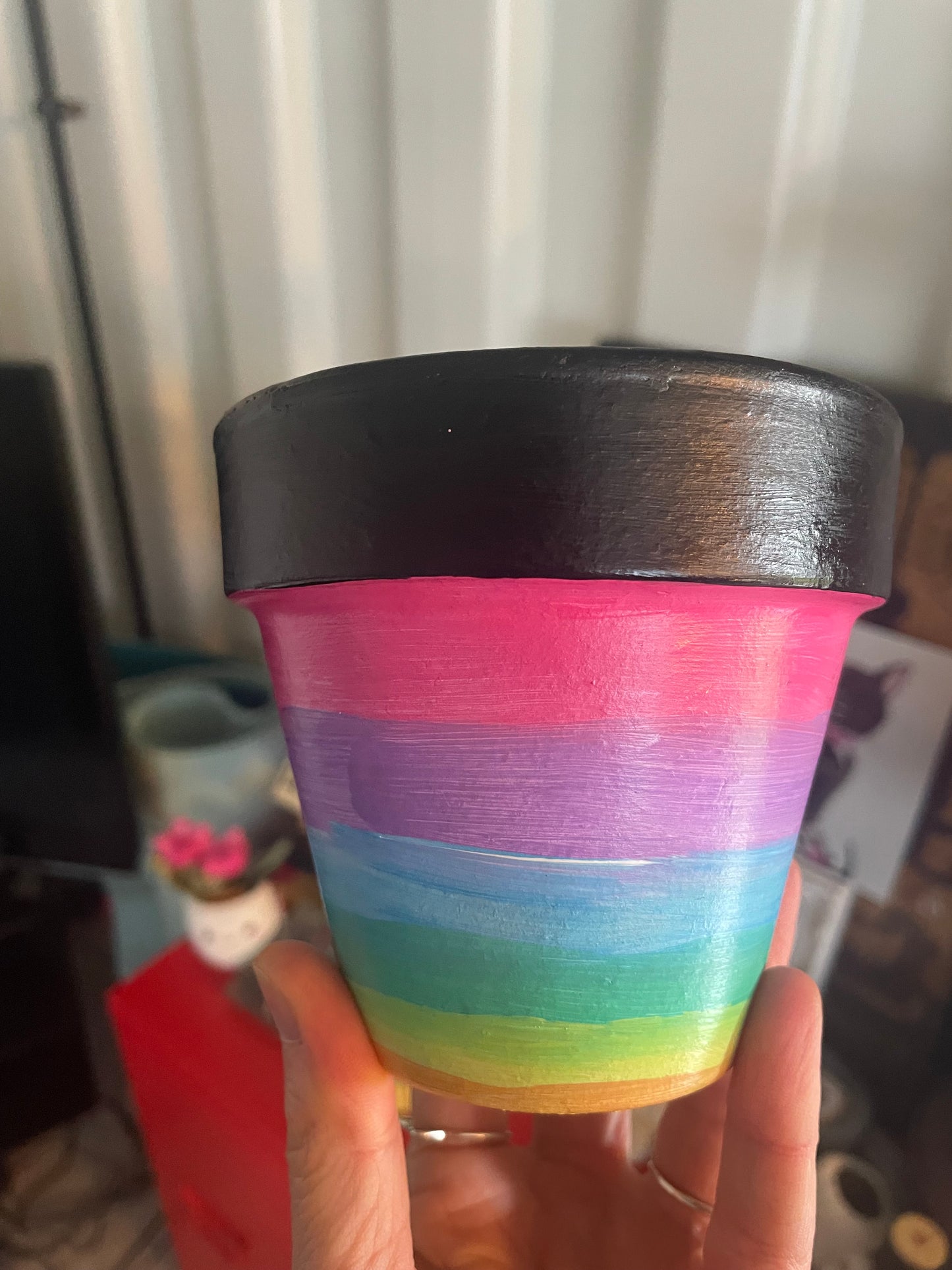 Rainbow and black (no words) terracotta pot