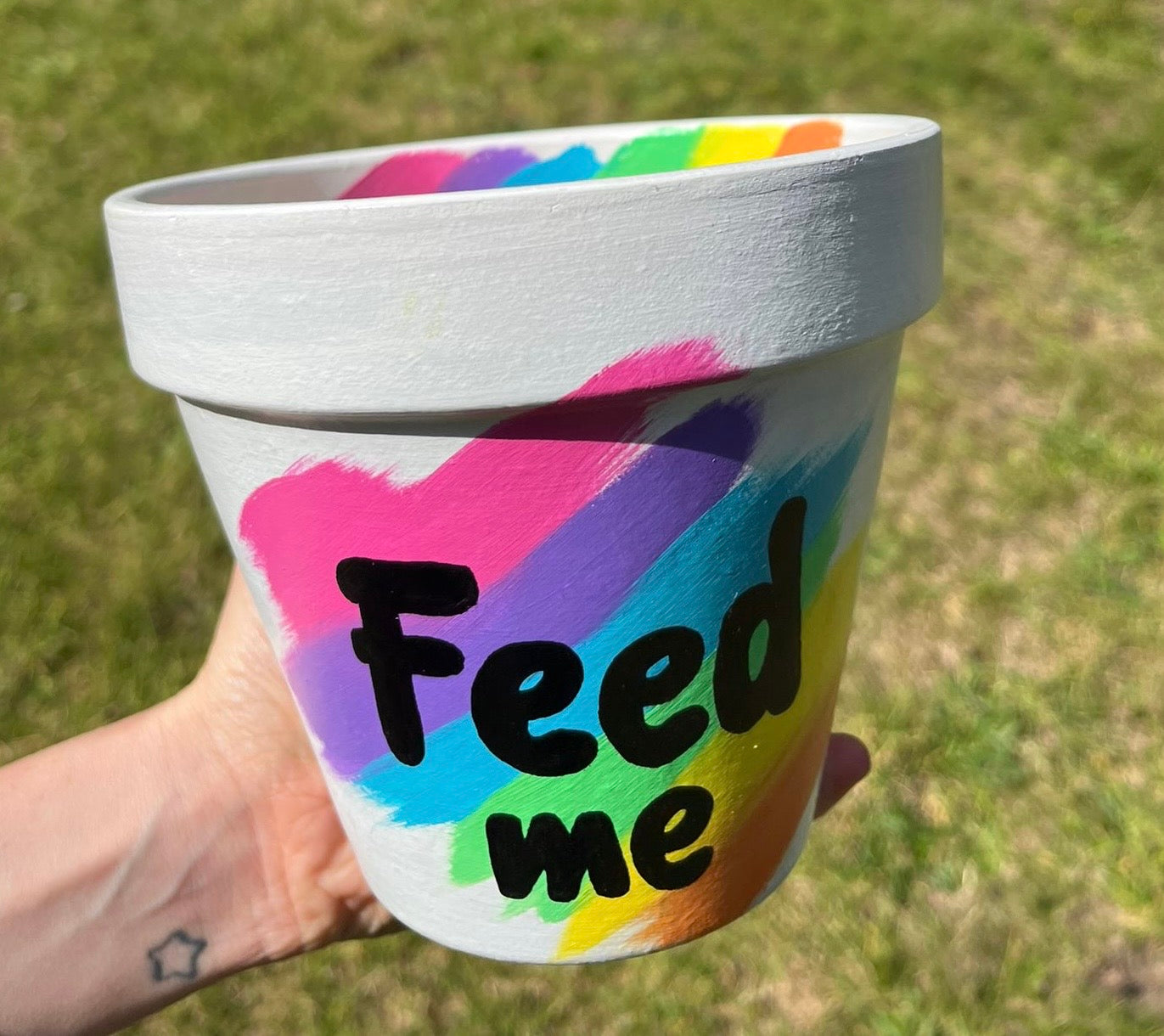 FEED ME: terracotta pot custom painted