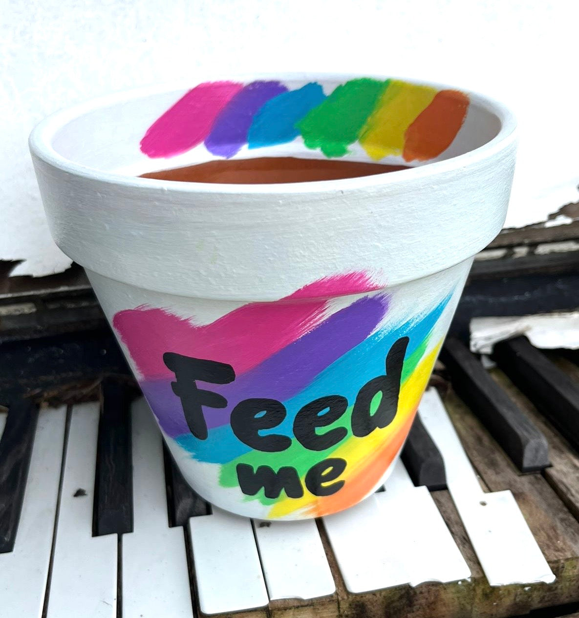 FEED ME: terracotta pot custom painted