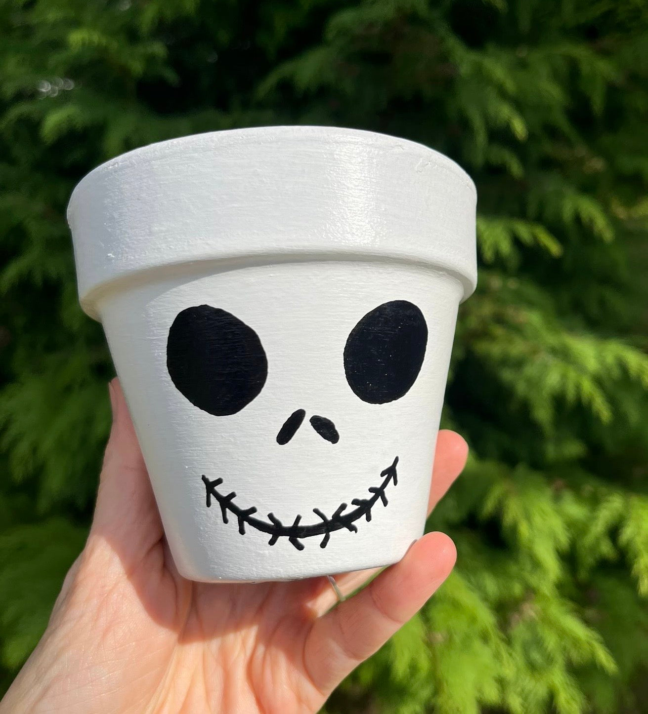 SKELETON FACE: terracotta pot custom painted